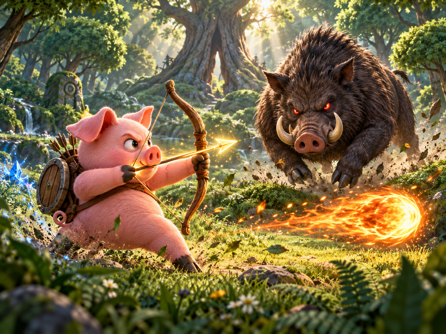Brave Pig draws his bow against the charging Evil Boar in a magical forest