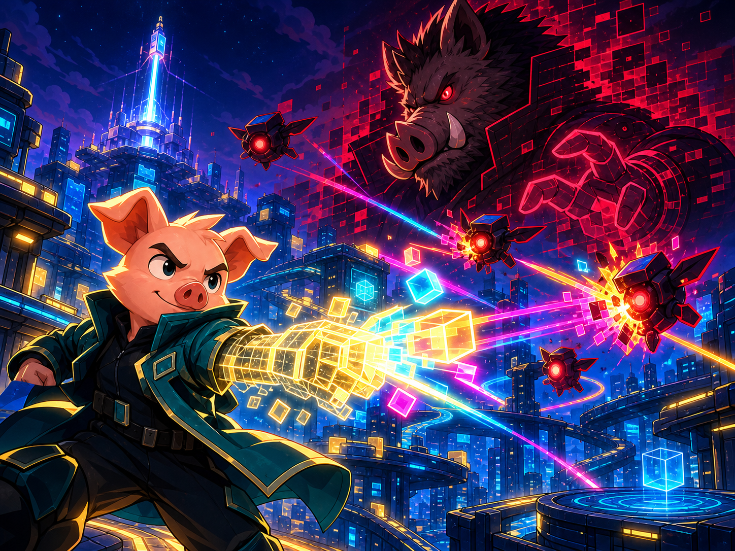 Pig fires colorful code energy at drones in a neon city while the tusked Glitch Boar looms behind him