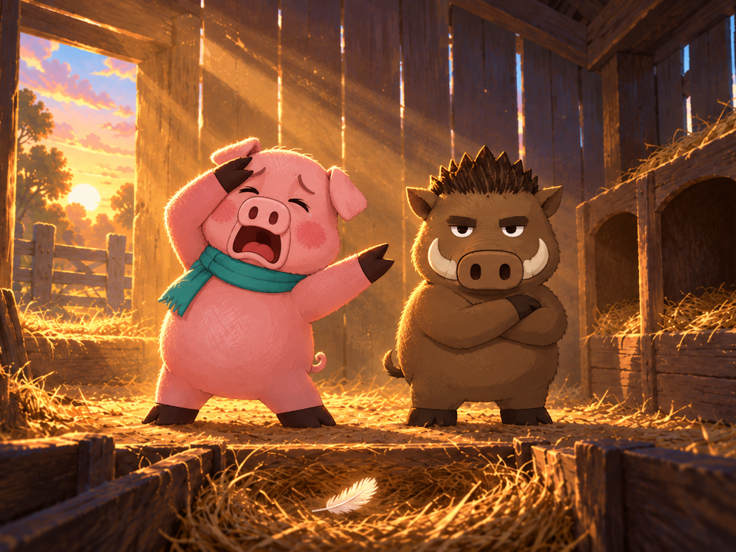 Pig wails with a hoof to his forehead while Boar folds his arms, in a hen house with an empty nest and one feather