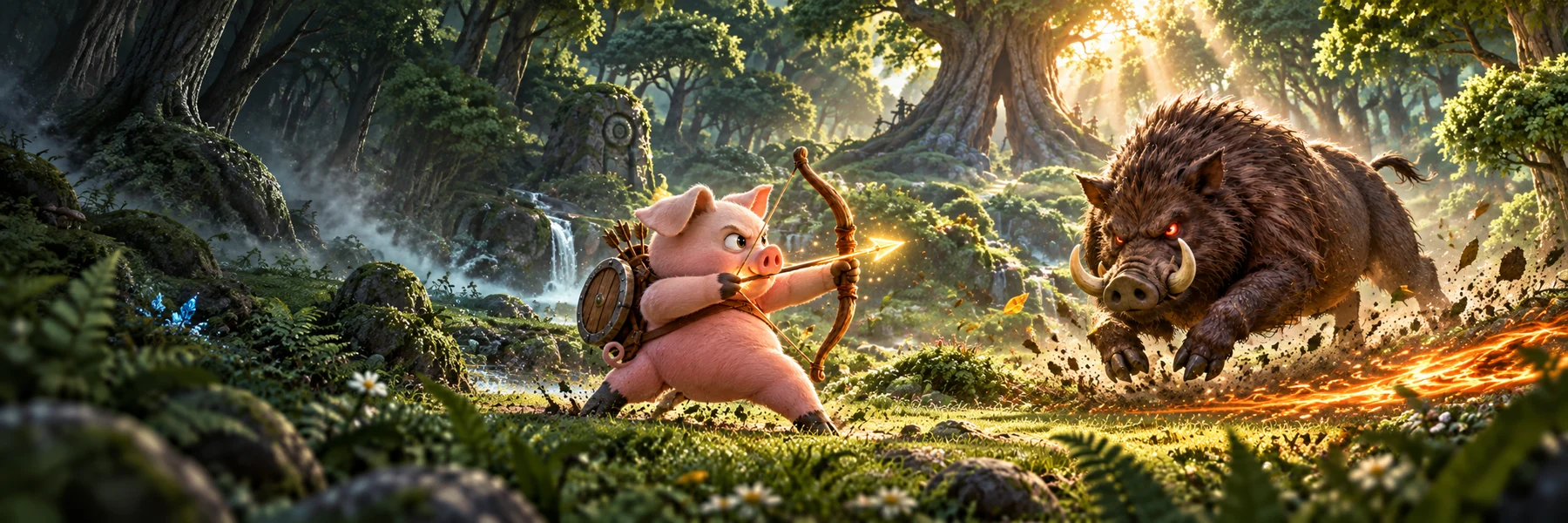 Brave Pig draws his glowing bow as Evil Boar charges through an enchanted forest