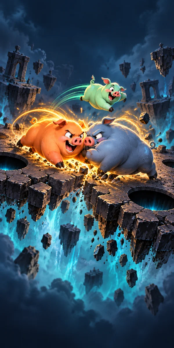 Orange and blue pigs collide over a floating arena
