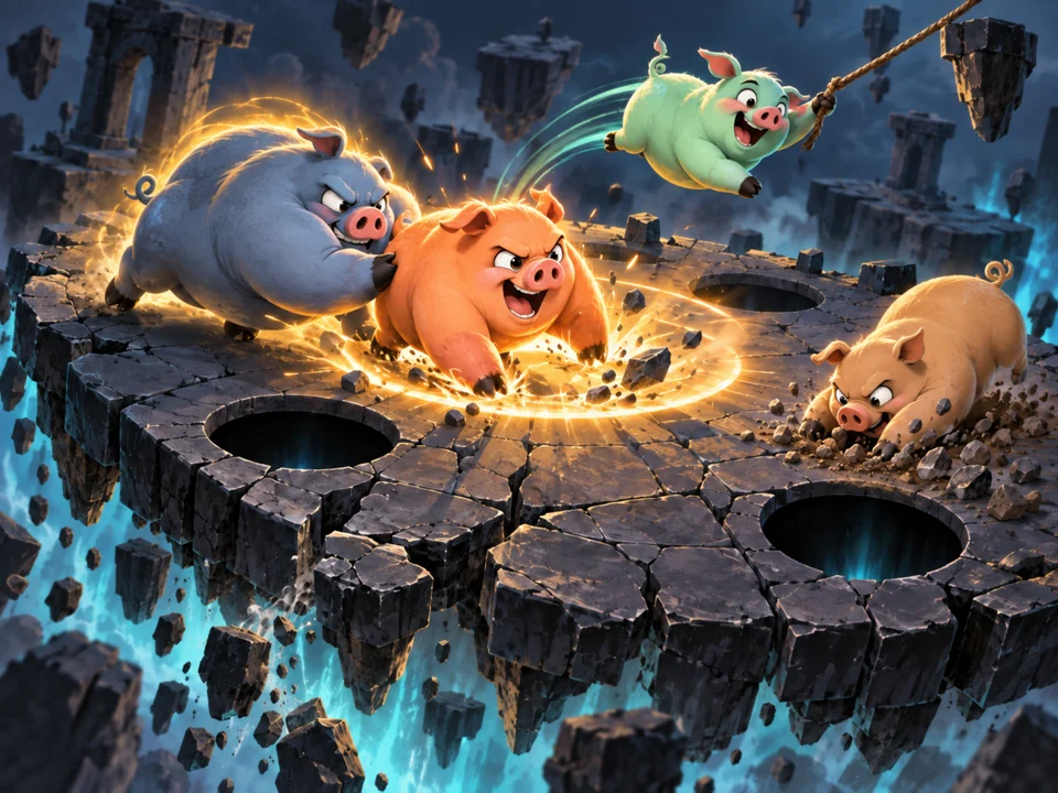 Colorful pigs collide on a floating stone arena, with shockwaves, a grappling rope and dangerous holes.