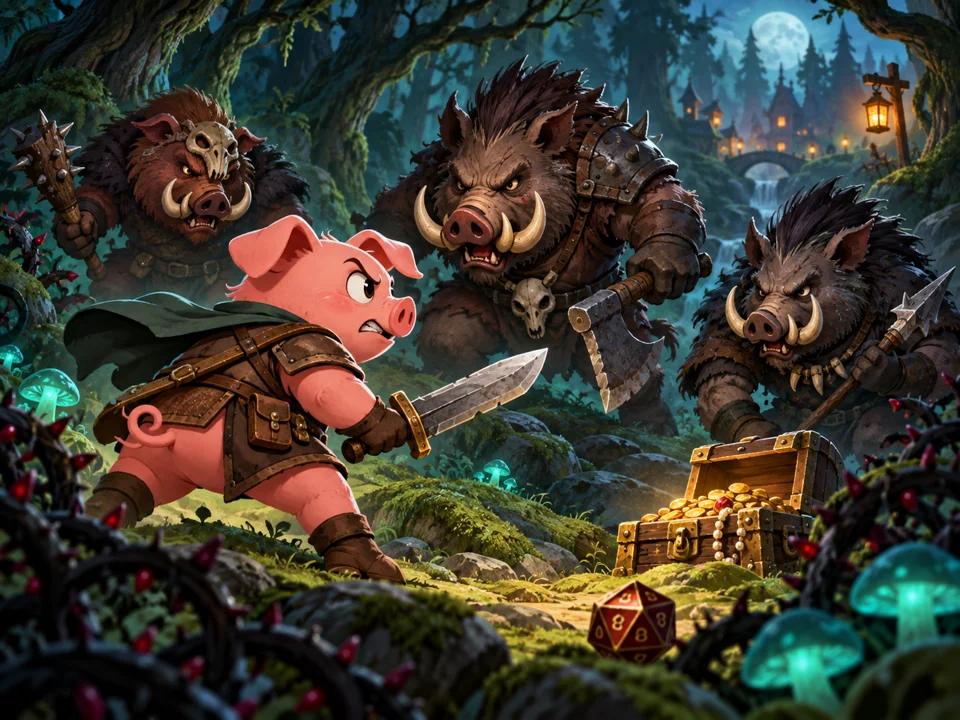A pig adventurer faces tusked Boargons in an enchanted wood, with treasure and a twenty-sided die.