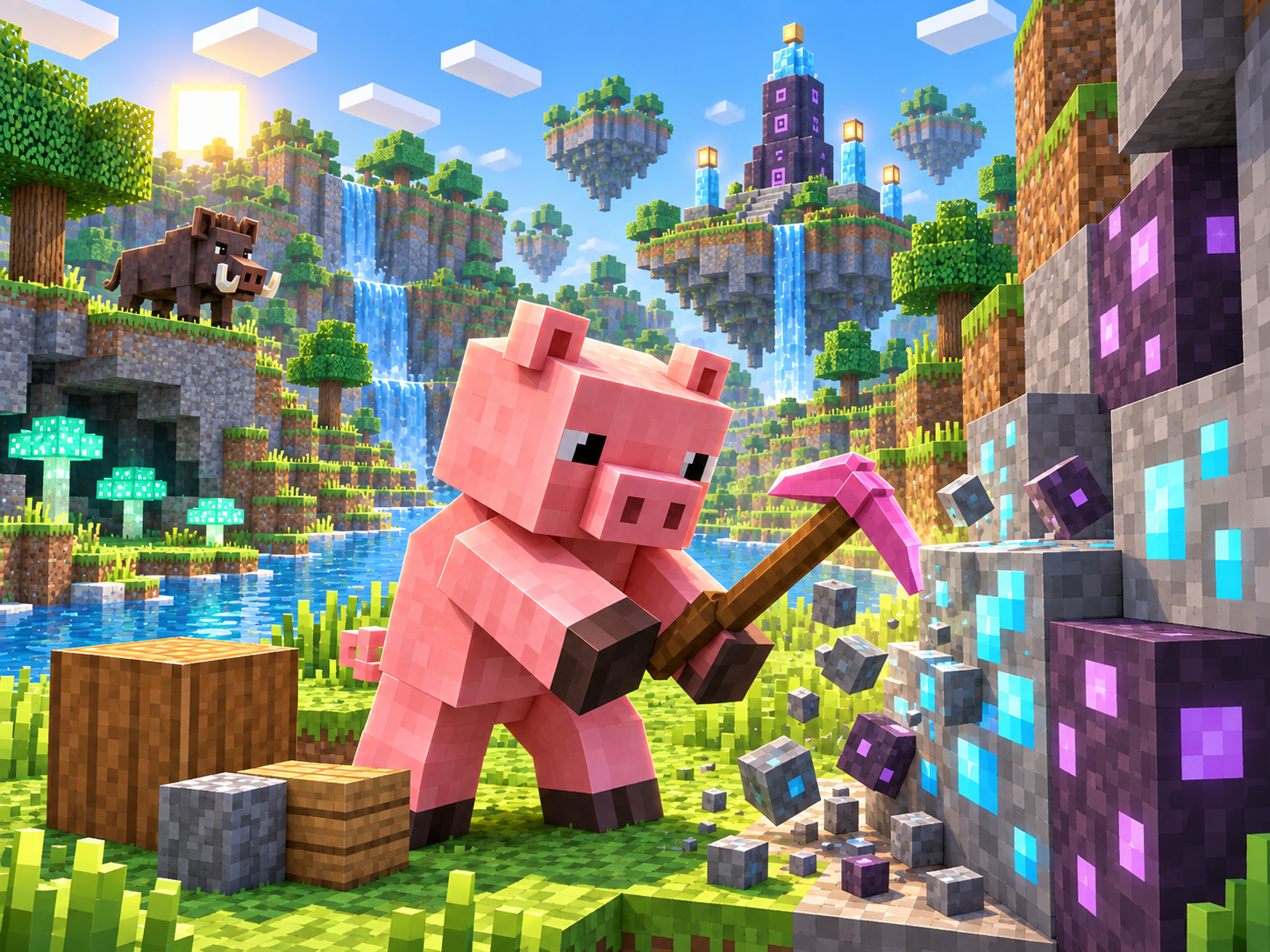 A cube-built pink pig mines blue ore in a block world with square trees, a river and floating islands