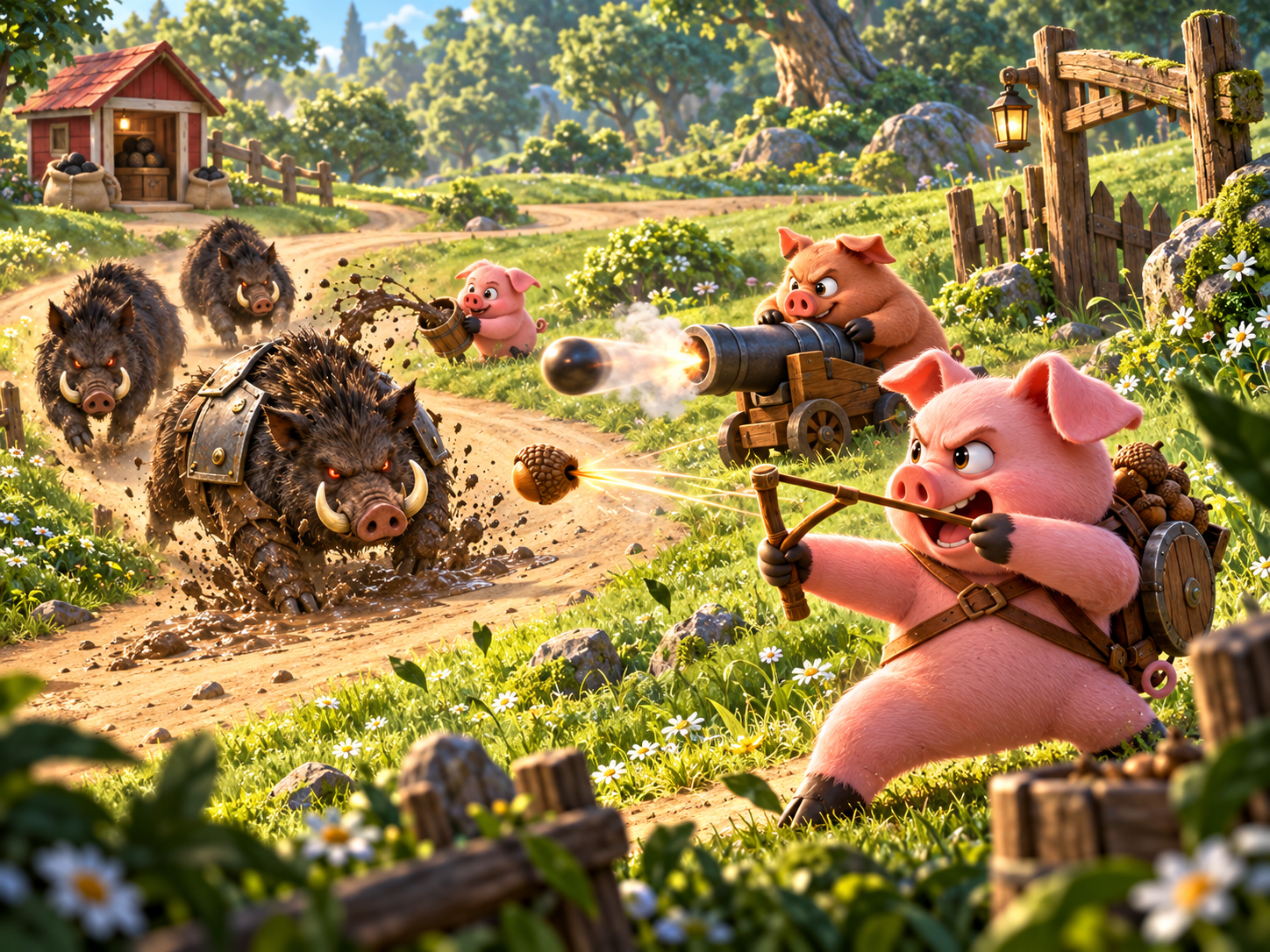 Pig slingers and cannons defend a red truffle barn against a wave of tusked wild boars