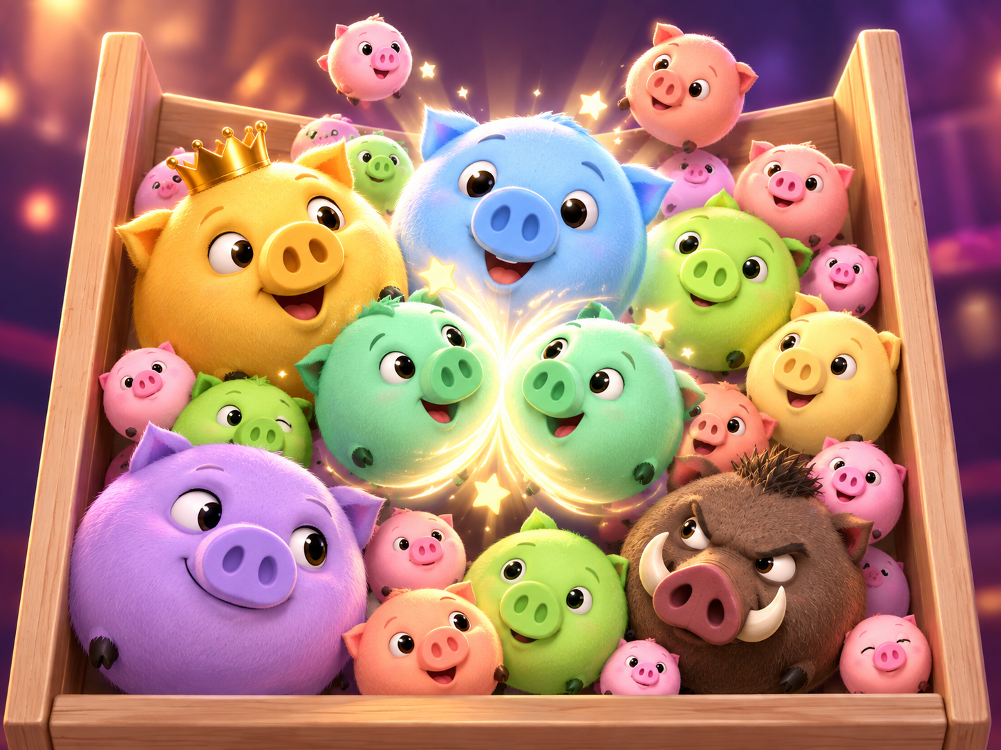Colorful round pigs crowd a wooden cup as two mint pigs merge in a flash of light, beside a golden crowned pig and a tusked boar