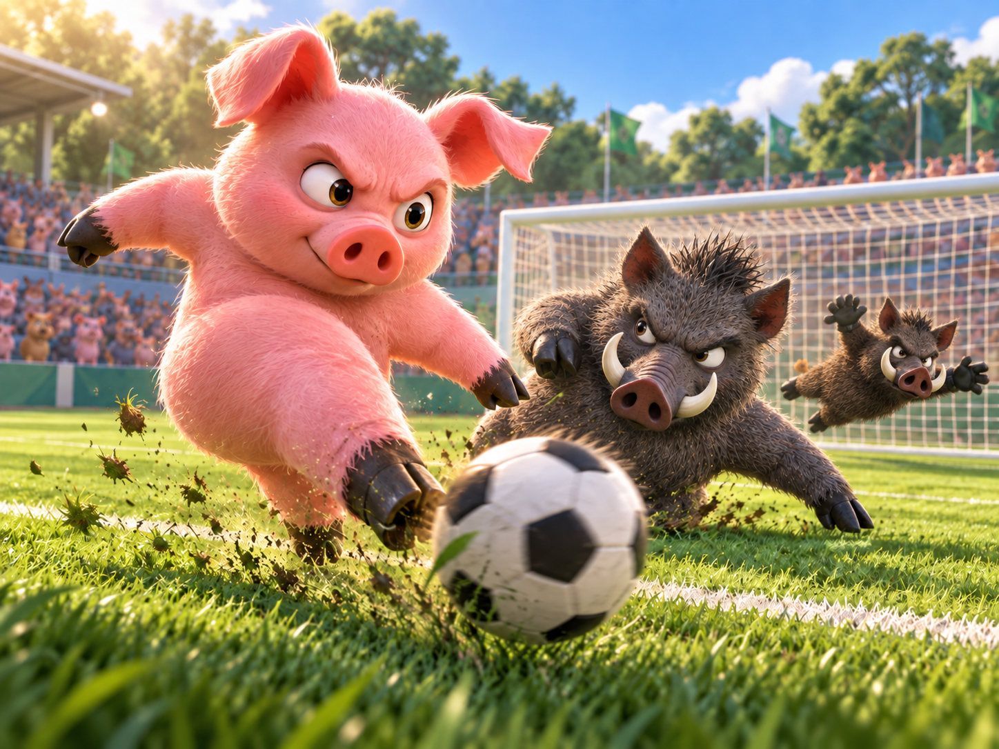 Pink pig kicks a soccer ball past a tusked dark boar defender and a diving boar goalkeeper