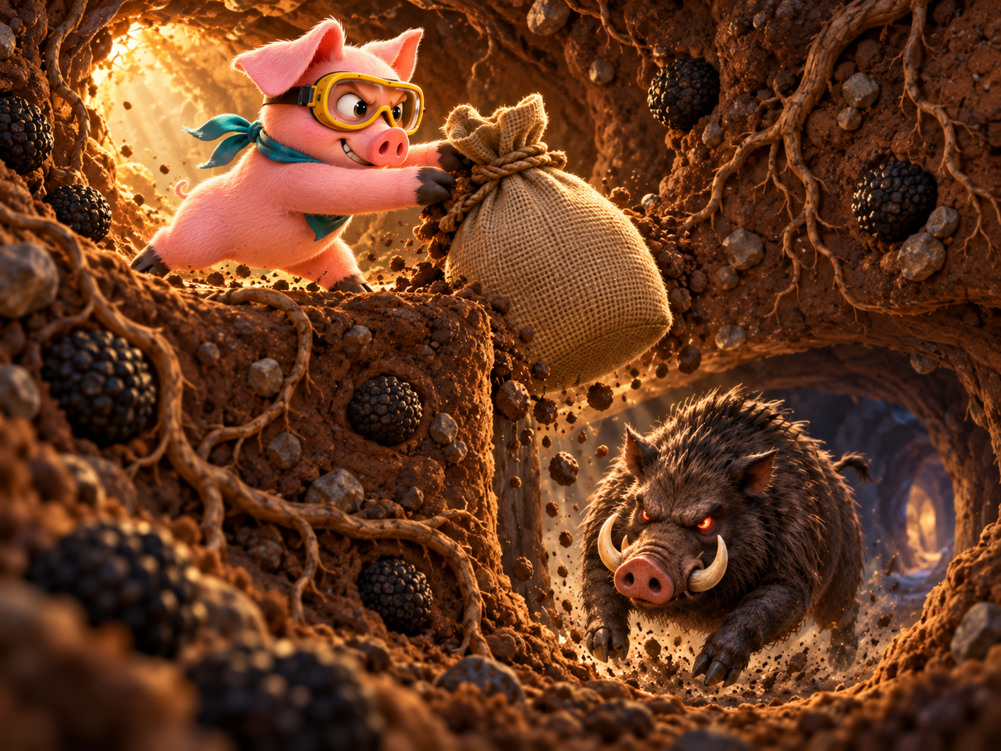 A pink pig in yellow goggles and a teal scarf tips a burlap sack into a burrow above a tusked wild boar