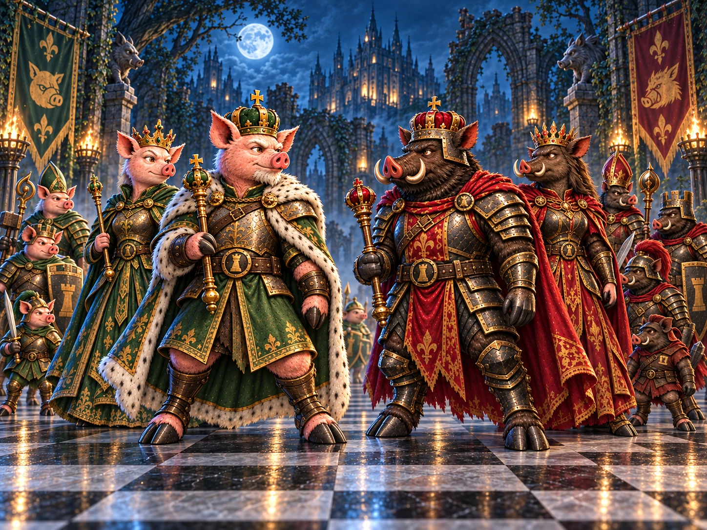Pig and boar kings and queens face off in front of their varied armies on a moonlit chessboard