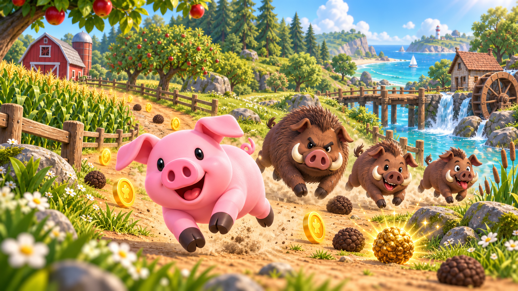 Pig races through the countryside with three boars on his tail